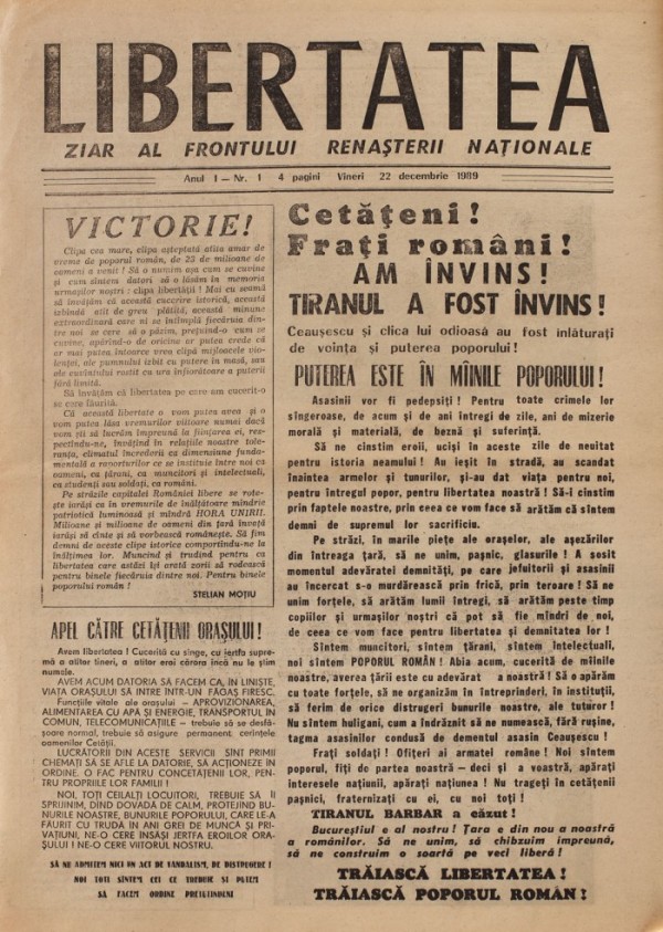 Primul numar al ziarului Libertatea, din 22 decembrie 1989