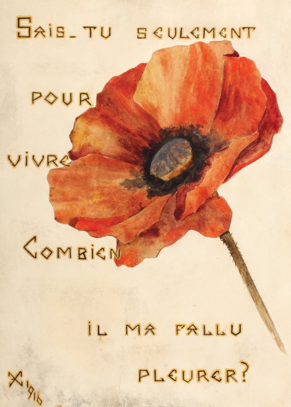 Floare de mac, decorata cu doua versuri din poemul Madame la Marquise de Alfred de Musset, scris cu aur, folosind caractere celtice, dragi Reginei